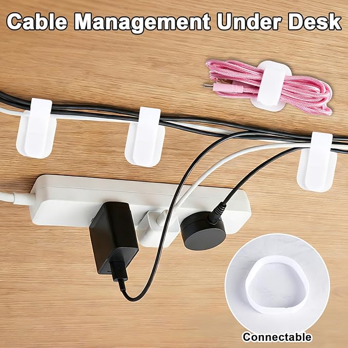 Cable Management Under Desk,Detachable Cable Management,Adjustable Hook and Loop Cable Ties,Reusable Cable Management Under Desk,Cable Clips Under Desk,20Pack(White)