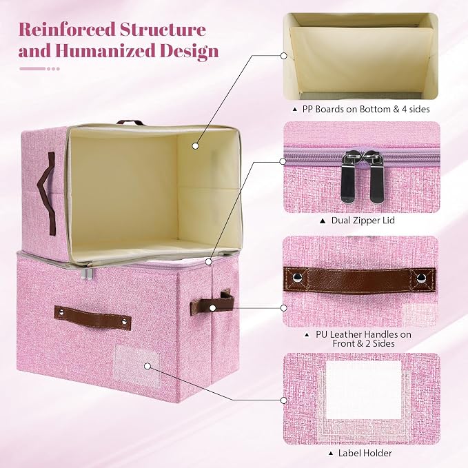 ANMINY Fabric Storage Box Bins with Zipper Lid, Washable Pink | Cotton Linen Fabric, PP Board Frame, Label Holder, Stackable & Foldable, PU Handles, Dual-Zipper 3-Side Open Lid, Medium