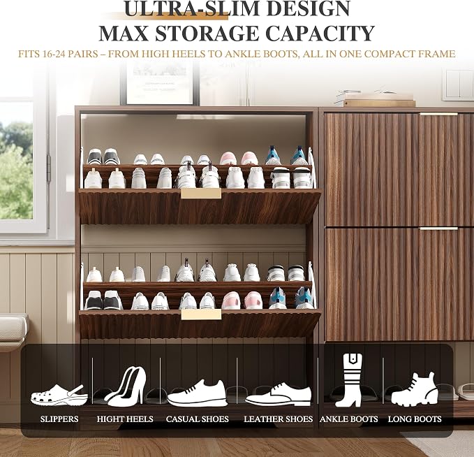 Garvee Shoe Storage Cabinet with 2 Flip Drawers,Slim Fluted Shoe Rack Cabinet with Open Storage,Wooden Hidden Shoe Rack Freestanding Narrow Shoes Organizer for Hallway, Entrance,Foyer,Walnut