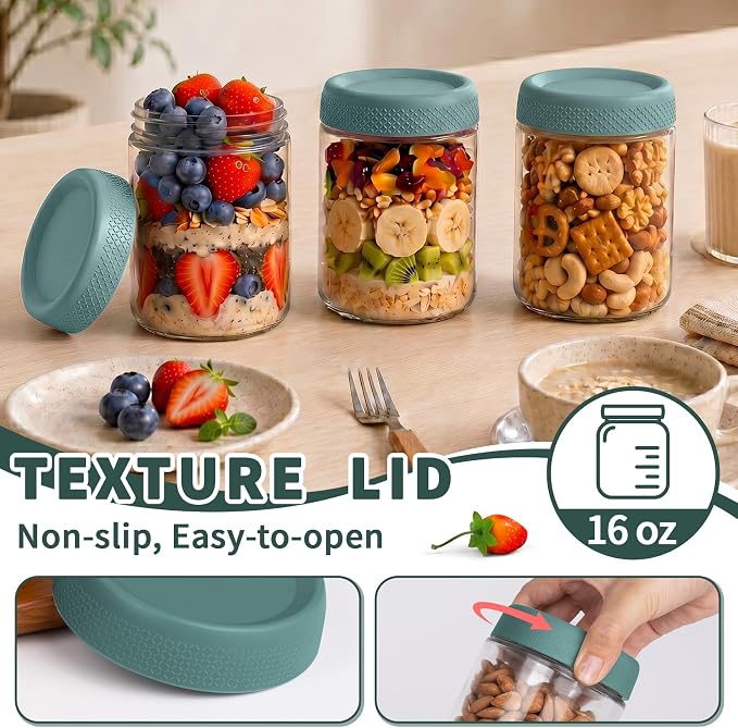 Glass Jar with Lid, Mason Jars 16 oz with Lids, Green Overnight Oats Jars | 6 Pack Glass Storage Containers with Lids, Yogurt Containers with Lids, Airtight Glass jars for Salad, Sugar, Parfait, Candy