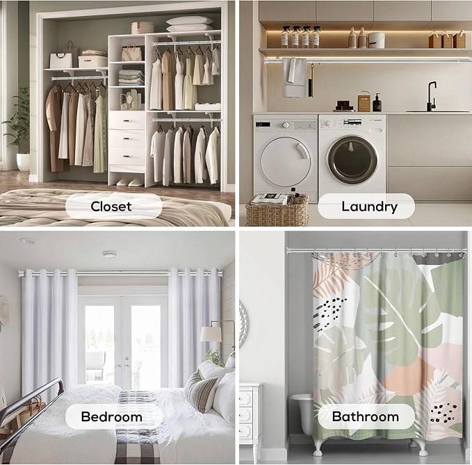 1.3 Inch Diameter Closet Rods for Hanging Clothes 17-75 Inch Adjustable, Metal Heavy Duty Closet Pole, Silver Closet Bar for Hanging Clothes, Suitable for Closet, Wardrobes, Bathroom, Windows