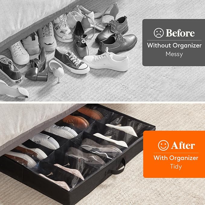 Lifewit Under Bed Shoe Storage Organizer Fits 12 Pairs, 2-Pack 3.9 Inches Tall Low Profile Fabric Shoes Container Box, Slim Shoe Organizer with Clear Cover and Handle, Black