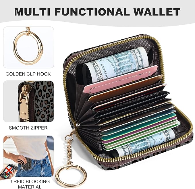 Credit Card Holder for Women,Small Rfid Wallet with Keychain Zipper,Cute PU Leather Card Case Wallet，Accordion Credit Card Wallets Gift,Dark Leopard Print A