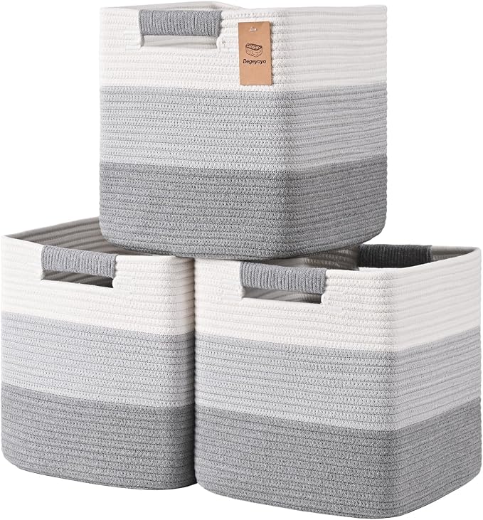 13 Inch Storage Cubes, 3 Pack Cube Storage Bins for Organizing, Cotton Rope Woven Baskets for Shelves, Bathroom, Kids Room, Closets, Baby Nursery