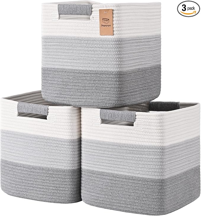 12 Inch Storage Cubes, 3 Pack Cube Storage Bins for Organizing, Cotton Rope Woven Baskets for Shelves, Bathroom, Kids Room, Closets, Baby Nursery