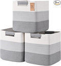 11 Inch Storage Cubes, 3 Pack Cube Storage Bins for Organizing, Cotton Rope Woven Baskets for Shelves, Bathroom, Kids Room, Closets, Baby Nursery