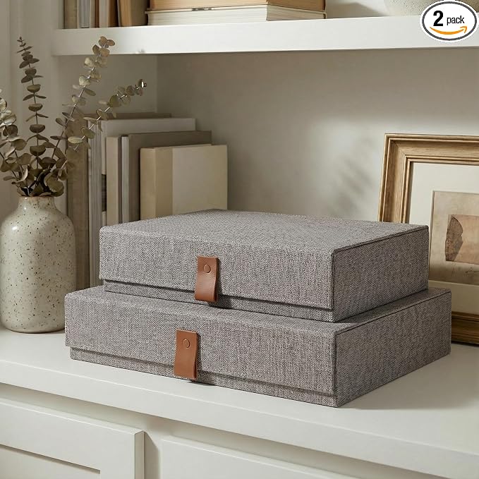 Decorative Photo Storage Boxes with Lids - Set of 2 Beautiful Linen Organizers Are Perfect to Safely Store Your Pictures, Documents, Scrapbooking Supplies, Keepsakes and Other Memories in Style