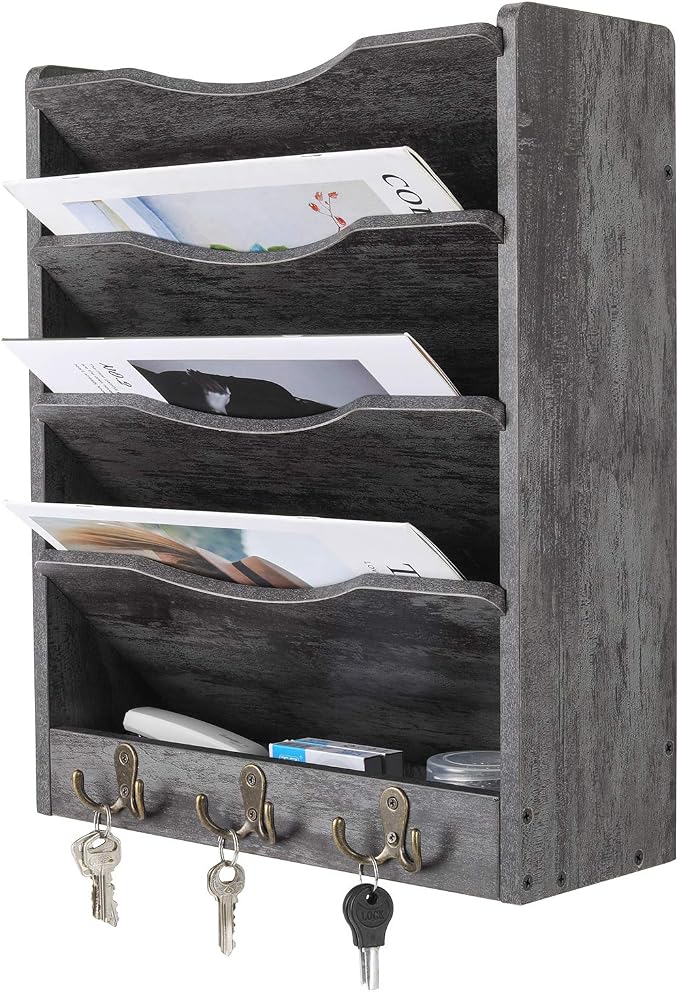PAG 5-Tier Wall File Holder Hanging Mail Organizer Wood Magazine Literature Rack with 6 Hooks, Dark Gray