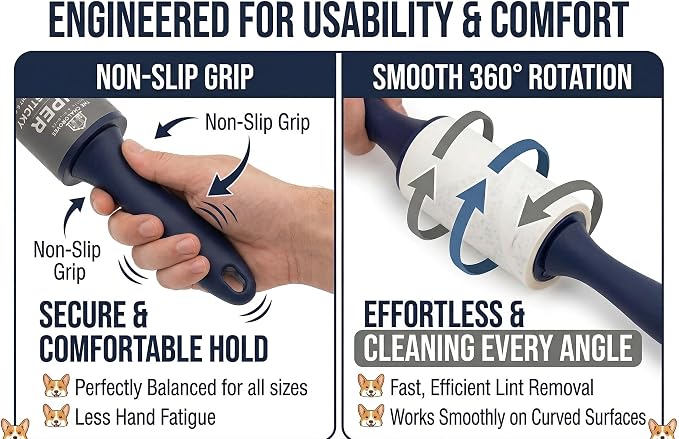 Extra Sticky Lint Roller, 4-Pack 400 Sheets, Pet Hair | Extra Sticky | Dog Hair | Straight-Cut Sheets | Navy Ergonomic Handles | Clothes | Furniture | Car Seats | 4 Complete Rollers
