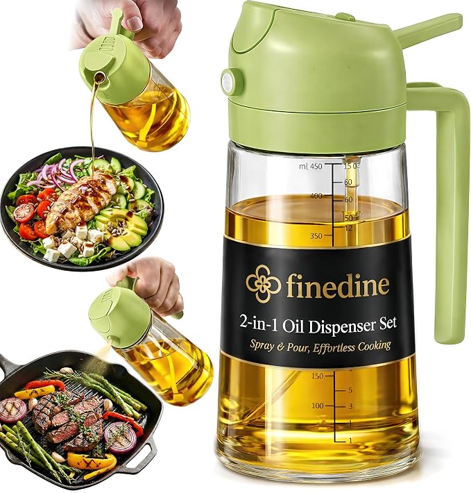 FineDine 16oz Olive Oil Sprayer for Cooking, 2 in 1 Olive Oil Dispenser Bottle for Kitchen, Air Fryer, Salad, BBQ & Baking – Dual Spray Mist & Stream, with Measurement Marks, Green