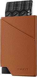 VULKIT Pop up Card Wallet Genuine Leather RFID Blocking Slim Aluminum Metal Bank Card Holder Case with Business Money Pocket for Credit Cards Notes and Coins Brown