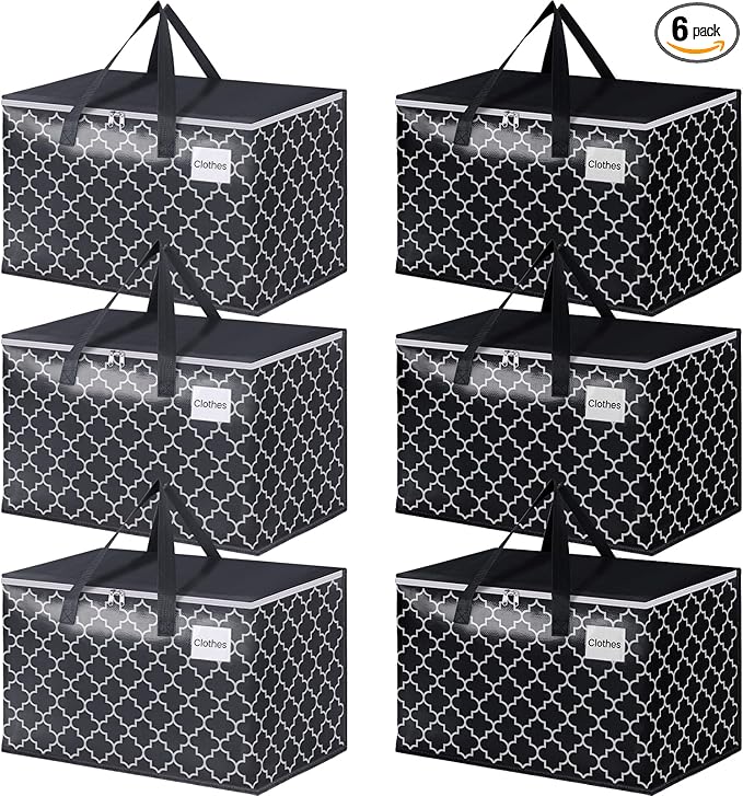 Extra Large Moving Bags, Heavy-Duty Storage Totes with Zipper Top and Sturdy Handles, Moving Supplies for Space Saving and Packing, Collapsible Storage Bags, Black & Gray, 125L, 6-Pack