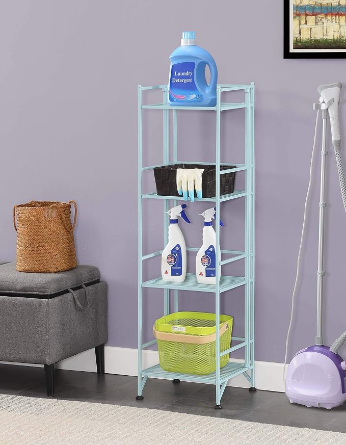 Convenience Concepts Xtra Storage 4-Tier Folding Metal Shelf, Seafoam, 13D x 11.25W x 45H in