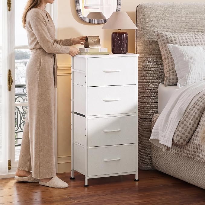 WLIVE Dresser with 4 Drawers, Storage Tower, Organizer Unit, Fabric Dresser for Bedroom, Hallway, Entryway, Closets, Sturdy Steel Frame, Wood Top, Easy Pull Handle, White