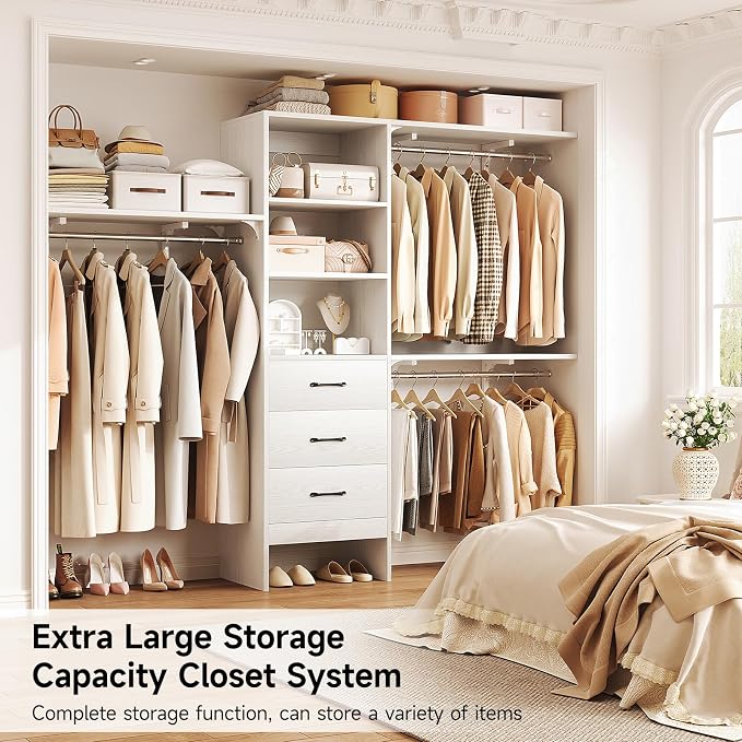 8FT Closet System, 96'' Closet Organizer System with 3 Hanging Rods, Wall Mount Bedroom Wardrobe with 3 Drawers Walk-in Closet, Adjustable Cloth Garment Rack from 5 to 8FT (Cut to Fit), Oak&White