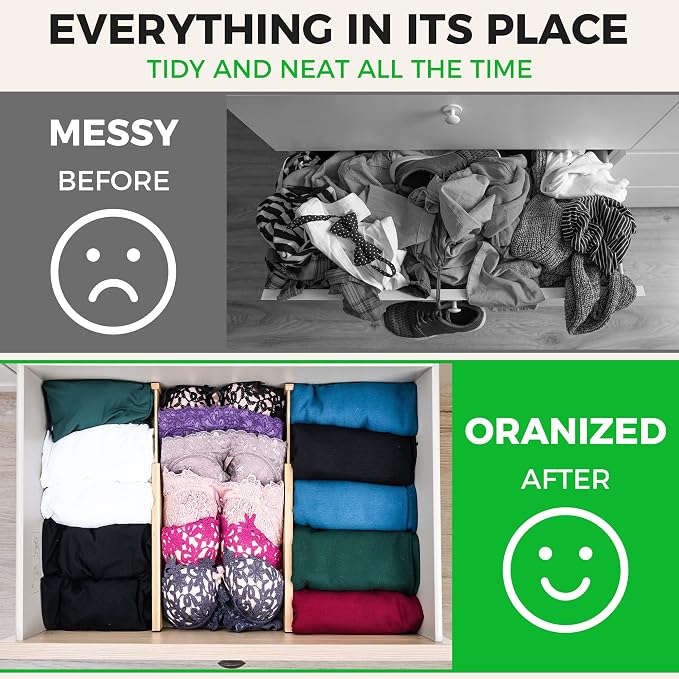 4 Pack Bamboo Drawer Dividers Organizer with Inserts 2.6'' High, Expandable from 12.5-21.7", Adjustable Drawer Organizer Separators for Utensils, Clothing, Office, Dresser, Bedroom, (Beige)