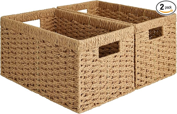 StorageWorks Round Paper Rope Storage Baskets, Rectangular Wicker Baskets with Built-in Handles, Medium, 13" L x 8¼"W x 7" H, 2-Pack