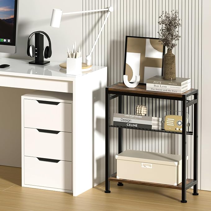 Side Table for Small Spaces, Narrow End Table with Magazine Holder, 2 in 1 Design Slim Side Table, Skinny Nightstand for Living Room Bedroom, Thin Side Magazine Table, Rustic Brown