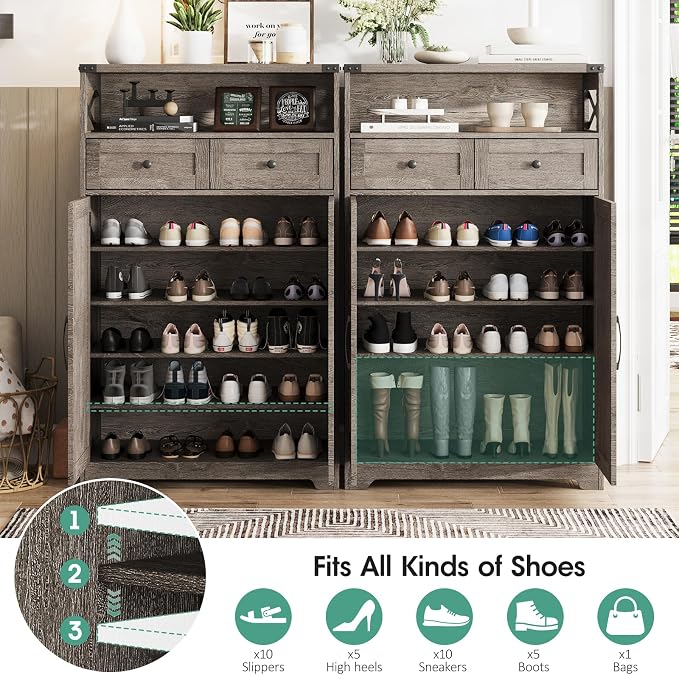 Maupvit Shoe Cabinet with Doors, 6-Tier Farmhouse Shoe Storage Cabinet with 2 Drawers & Adjustable Shelves, Shoe Cabinet Storage for Entryway, Wood Shoe Rack Organizer for Living Room Foyer Hallway