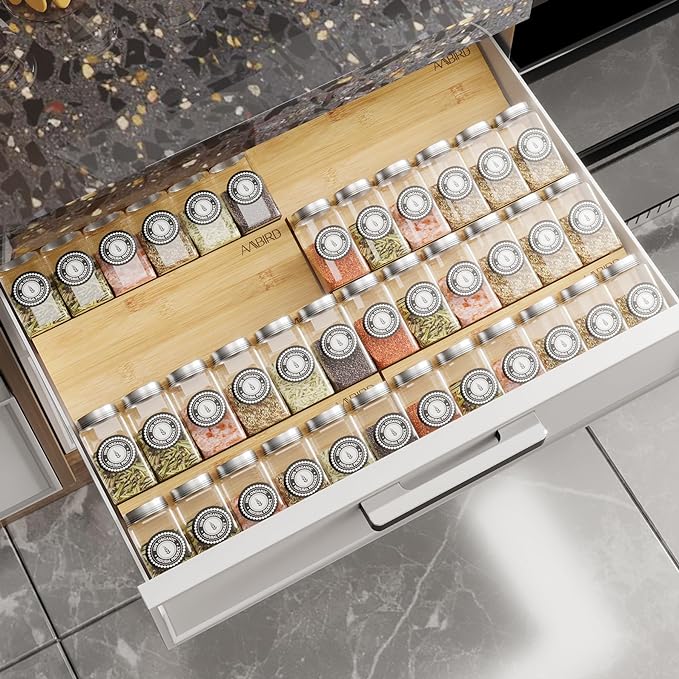 AMBIRD Bamboo Spice Drawer Organizer with Non-slip Mat,4 Tier - 2 Set Jar Spice Rack Tray From 12''to 24'',Hold up 48 Jars Seasoning Organizer for Kitchen,Cabinet,Drawers,Countertop