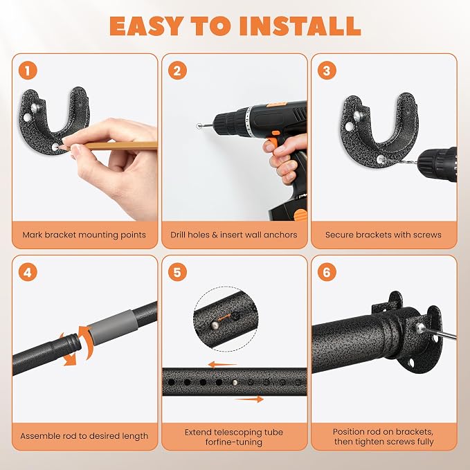 Heavy Duty Closet Rod 17-84 Inches, Adjustable, Black | Metal,1.1 Inches Diameter, Suitable for Wardrobes, Laundry