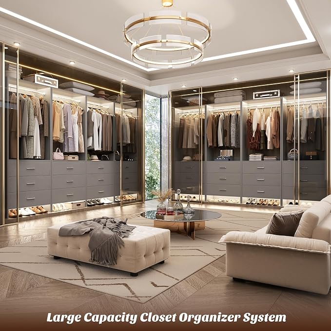 Aheaplus Closet System Closet Organizer, Wood Closet Organizer System, Walk-in Closet or Small Closets Wardrobe, Clothes Rack with Hanging Rods, 4FT Closets, Set of 2, , Grey