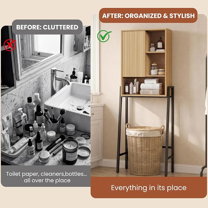 24" W Over The Toilet Storage Cabinet with Fluted Door,Bathroom Organizers and Storage with Adjustable Shelves, Modern Over Toilet Organizer for Bathroom,Restroom,Laundry,Oak