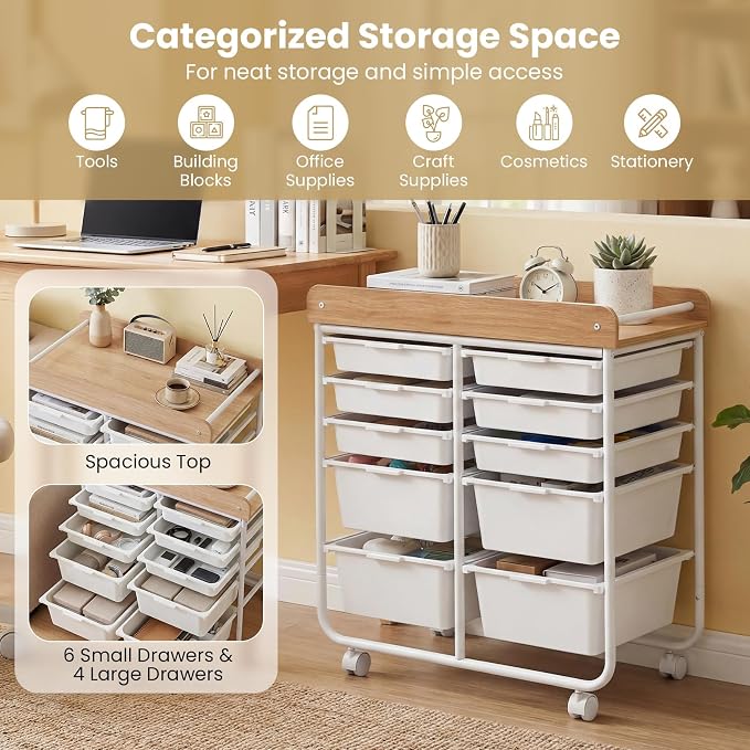 LDAILY Rolling Cart with Drawers, 10 Drawer Rolling Storage Cart with Wooden Tabletop, Metal Frame & Lockable Wheels, Craft Organizers and Storage for Home Office Classroom (White, 10 Drawer)