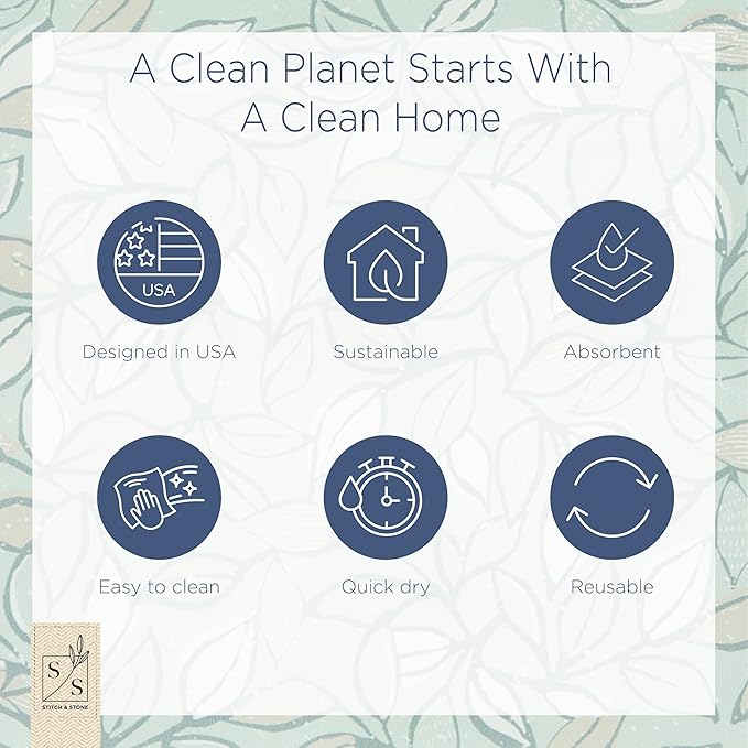 Stitch & Stone Cleaner Set - Perfect for Everday Kitchen Cleaning, 100% Cotton Kitchen Towel, Grip Mat for Dish Drying, Grip Mat for Sink Accessories, & 2 Reusable Dishcloths - Leafy Green