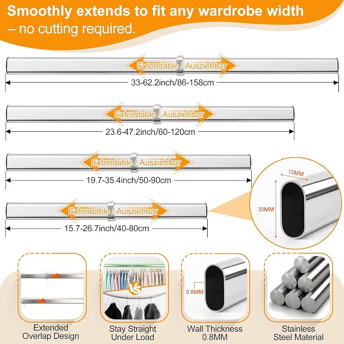 Closet Rods for Hanging Clothes, 16 to 26 Inches Stepless Extendable Stainless Steel Closet Pole, Heavy Duty Clothes Rod for Closet Wardrobes Laundry RV, Flat Oval, Chrome