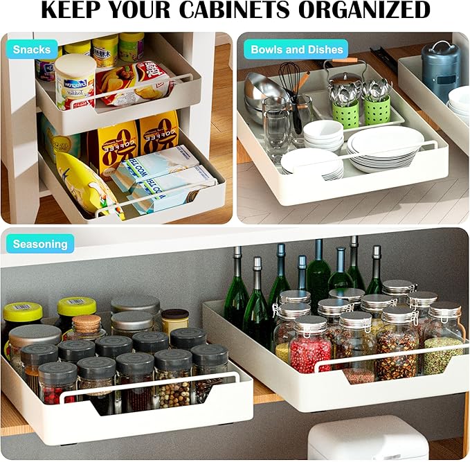 Jolitac 1 Pack Pull Out Cabinet Organizer with Adhesive Nano Film Heavy Duty Storage and Organization Slide Out Pantry Shelves for Kitchen, Bathroom and Living Room (9.8" Wide-16.9" Deep)