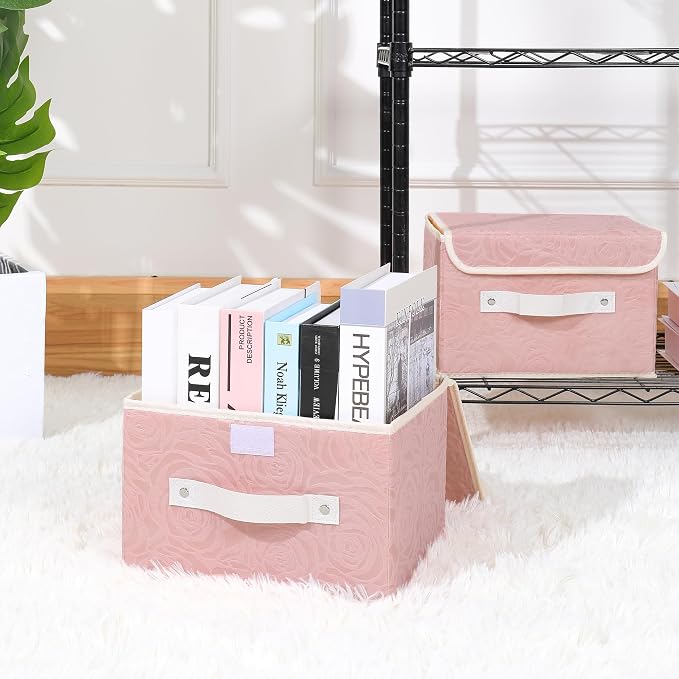 ANMINY 4PCS Fabric Storage Bin with Lid Rose Print Storage Box Basket with PU Leather Handles Washable PP Plastic Board Decorative Foldable Lidded Shelf Cubes Closet Organizer - Pink, Small Size