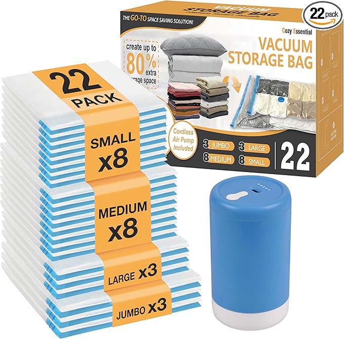 Cozy Essential Travel Vacuum Storage Bags with Rechargeable Cordless USB Pump, Space Saver Bags for Luggage, Suitcase, Carry-On, for Clothes, Blankets, Bedding & Seasonal Storage,22 Combo