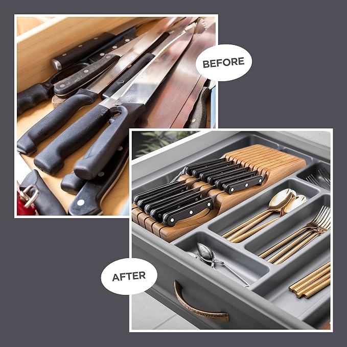 Bambüsi Knife Drawer Organizer - Bamboo Wood In-Drawer Knife Block Holder for Kitchen Drawer, 16 Slot Blade Down Knife Organizer Insert, Fits Chef & Steak Knives, Standard Drawer (Knives Not Included)