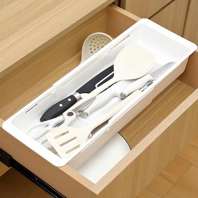 2 Pack Deep Drawer Organizer Adjustable Storage Bin(17.4-27.6") | Adjustable Width Design, Maximize Drawer Storage, Kitchen & Home Organization Solution