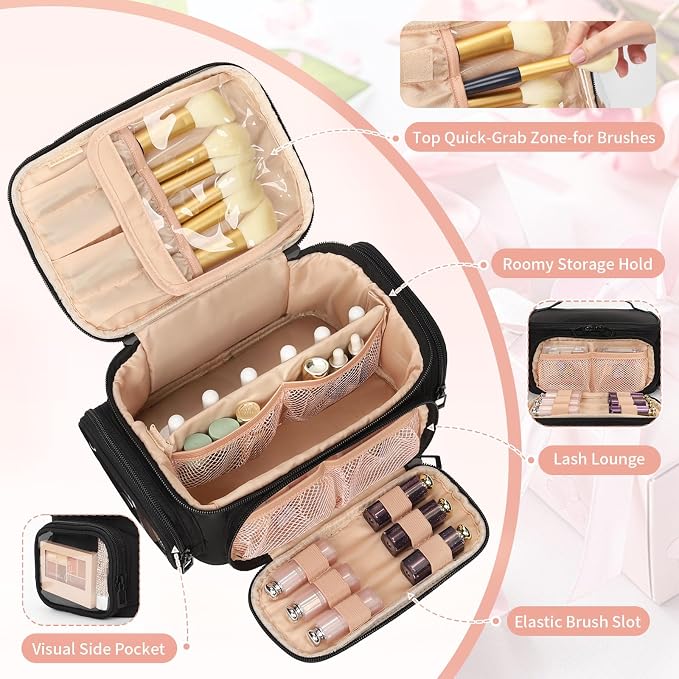 OCHEAL Makeup Bag,Travel Makeup Organizer Bag for Women with Zipper Pouch and Side Pocket, Multifunctional Compartments and Dividers,Toiletry Make up Case for Toiletries, Brushes & Beauty Tools-Black
