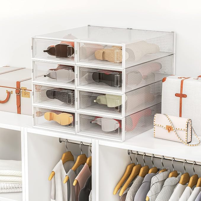 4-Piece Extra Large Boot and Shoe Storage Boxes, Stackable Clear Plastic Shoe Organizer, Space-Saving Shoe Boxes for Boots, Sneakers, and High Heels, Clear