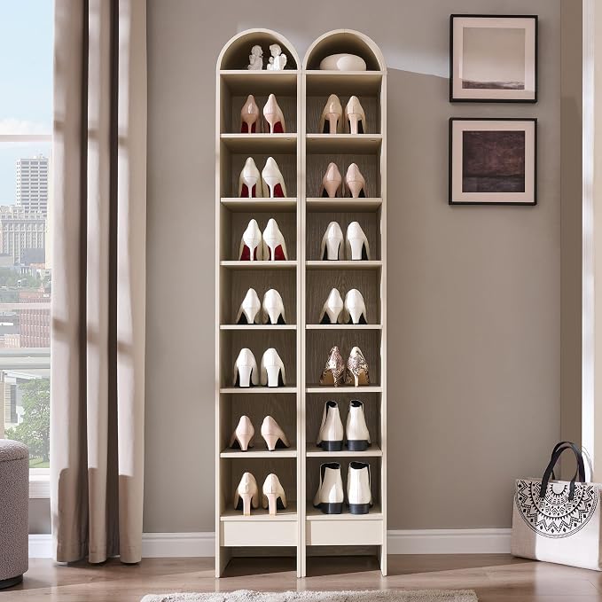 IFGET 67" Tall Arched Shoe Storage Cabinet, 8 Tiers 8 Pairs Wooden Shoe Rack with 3 Adjustable Shelves, Freestanding Shoe Closet Shelf Organizer for Entryway, Hallway, Living Room (Cream)
