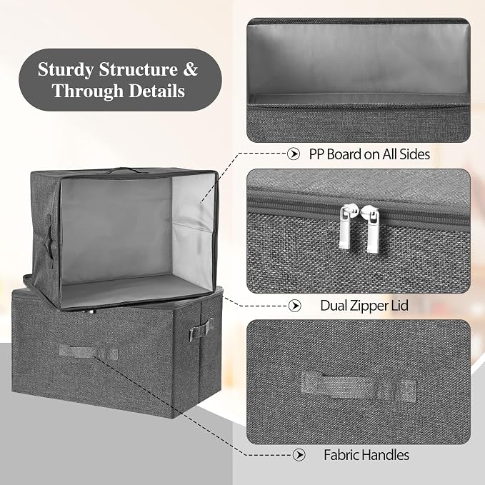 ANMINY 2PCS Storage Bins with Zipper Lids 36 Qt Lidded Fabric Storage Boxes Baskets Cubes with Handles Collapsible Washable Cotton Linen Closet Shelf Clothes Organizer Containers - Gray, Large