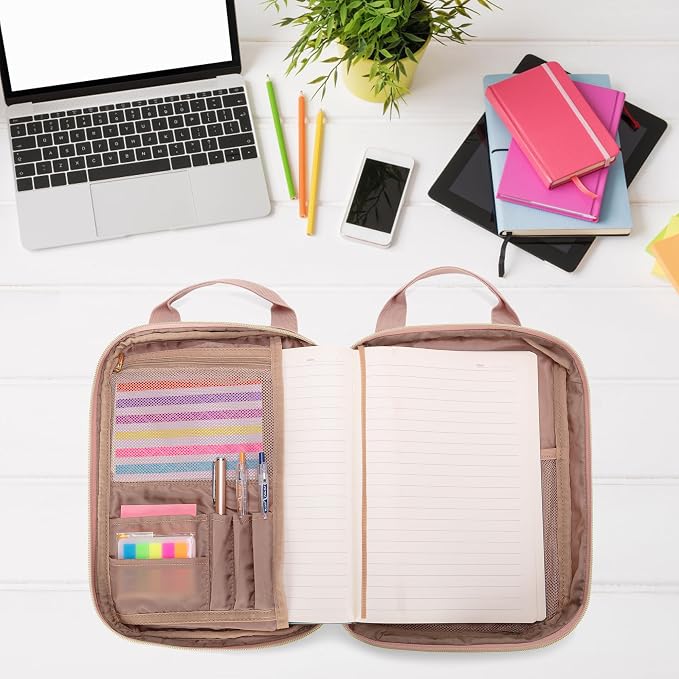 Teamoy Journal Supplies Storage Case, Planner Bag with Pen Slots, Pink | Quilted Stationery Bag with Shoulder Strap, Travel Organizer Holder for B5 Notebooks, Planner, Pens, and Journal Accessories