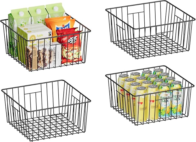 X-cosrack Metal Wire Baskets for Pantry Organization and Storage Freezer Organizer Bins with Handles 4 Pack-12"x12"x6" Extra Large Mesh Bin for Pantry Kitchen Laundry Closet Garage Patent Design