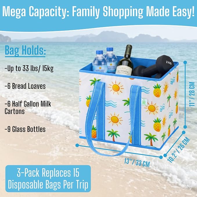 VENO 3 Pack Reusable Grocery Bags, Shopping Bags for groceries, Utility Tote with Handles and Hard Bottom, Foldable Shopping Cart Organizer, Heavy-Duty (Tropical Island, 6 Gallon-3 Pack)