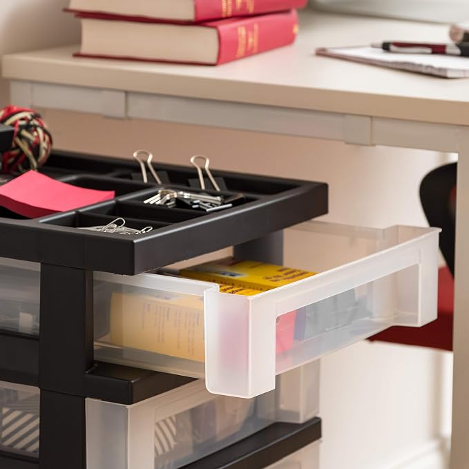 IRIS USA 6-Drawer Rolling Storage Cart, Black/Clear | Keep craft supplies, office essentials, classroom items, and accessories organized with easy-access drawers for daily use