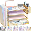 OPNICE Desk Organizer, 4-Tier Desktop File Organizer with Drawer and Pen Holders, Office Desk Accessories, File Sorters, Workspace Organizers for Office Supplies(Gold - Metal Pen Holder)