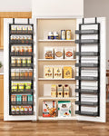 8 Tiers Over the Door Organizer - Height Adjustable Pantry Organizers and Storage with Dense Mesh Baskets, Anti-Swing Hanging Door Spice Rack for Kitchen Bathroom (Black, 12.3"W x 4.7"D x 69"H)