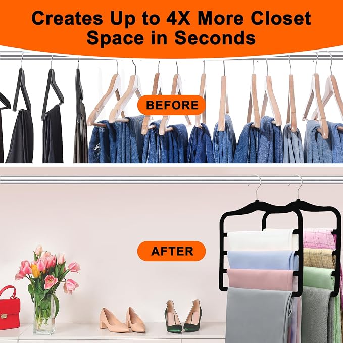 4 Pack Space Saving Velvet Pants Hangers, Dorm Room Essentials, Non-Slip Multi-Tier Closet Organizer for Jeans & Slacks, Maximize Wardrobe Storage with Multi-Purpose Rack for Shorts, Scarves & Ties