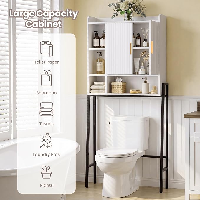 31" W Over The Toilet Storage Cabinet with Fluted Door,Bathroom Organizers and Storage with Adjustable Shelves, Mordern Over Toilet Organizer for Bathroom,Restroom,Laundry,White