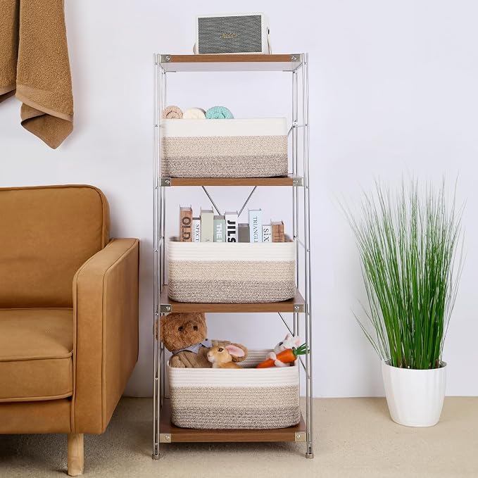 MiniArk Large Storage Baskets for Organizing, 17 x 13 x 7.5” Closet Shelf Baskets for Clothes Blanket Towels, Baby Nursery, Toy Bins Box, Woven Rope Baskets, 4 Packs Gradient Brown