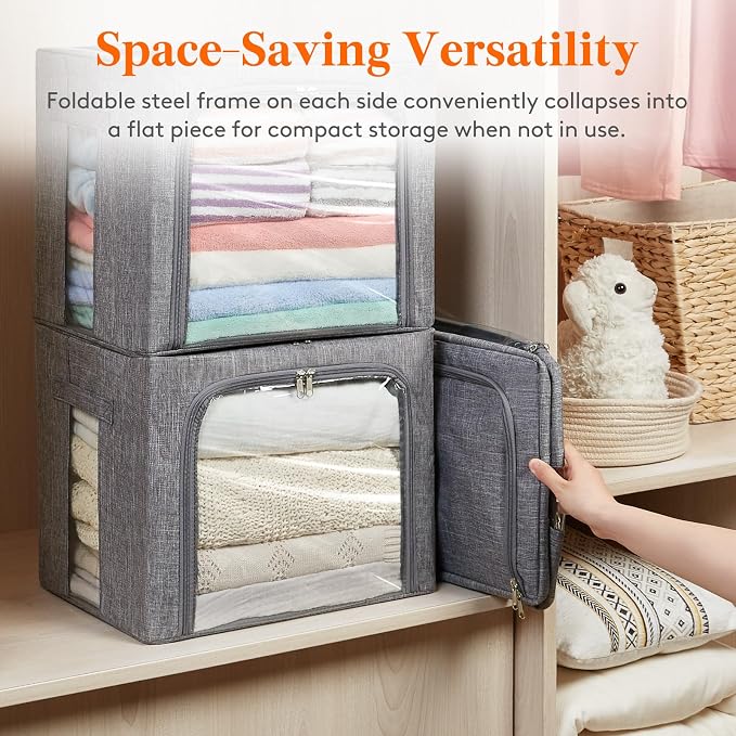 Lifewit Clothes Storage Bins with Metal Frame, Stackable Storage Box, Foldable Clothing Storage Bins with Lids, 40L Storage Bags Fabric Box Organizer with Clear Window＆ Zippers＆ Sturdy Handles 12 Pack