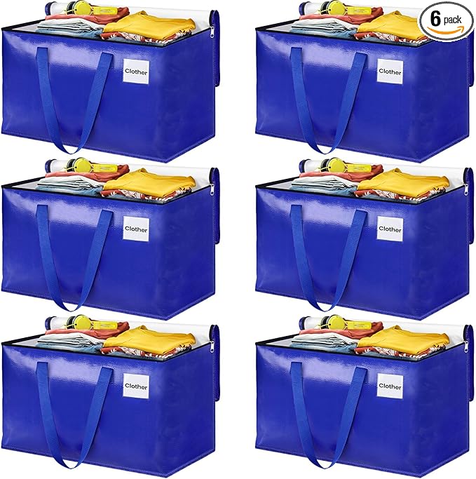 Moving Bags, Storage Bags with Sturdy Handles and Heavy Duty Zippers, Storage Totes for Space Saving, Moving & Storage, Collapsible Moving Supplies(125L, 6-Pack, Blue)